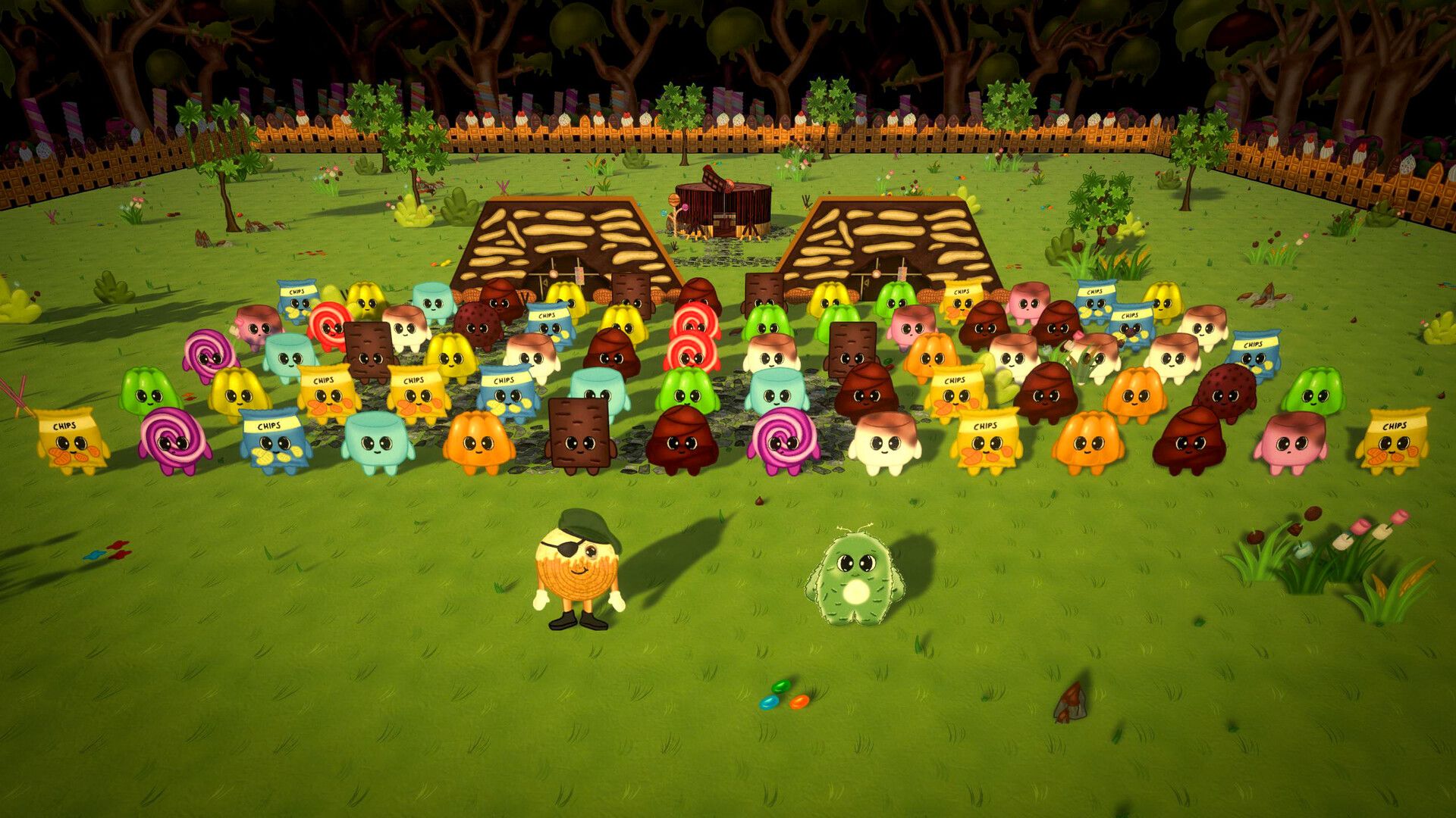 Pom and an eye-patched commander stand before a crowd of recruited snacks.
