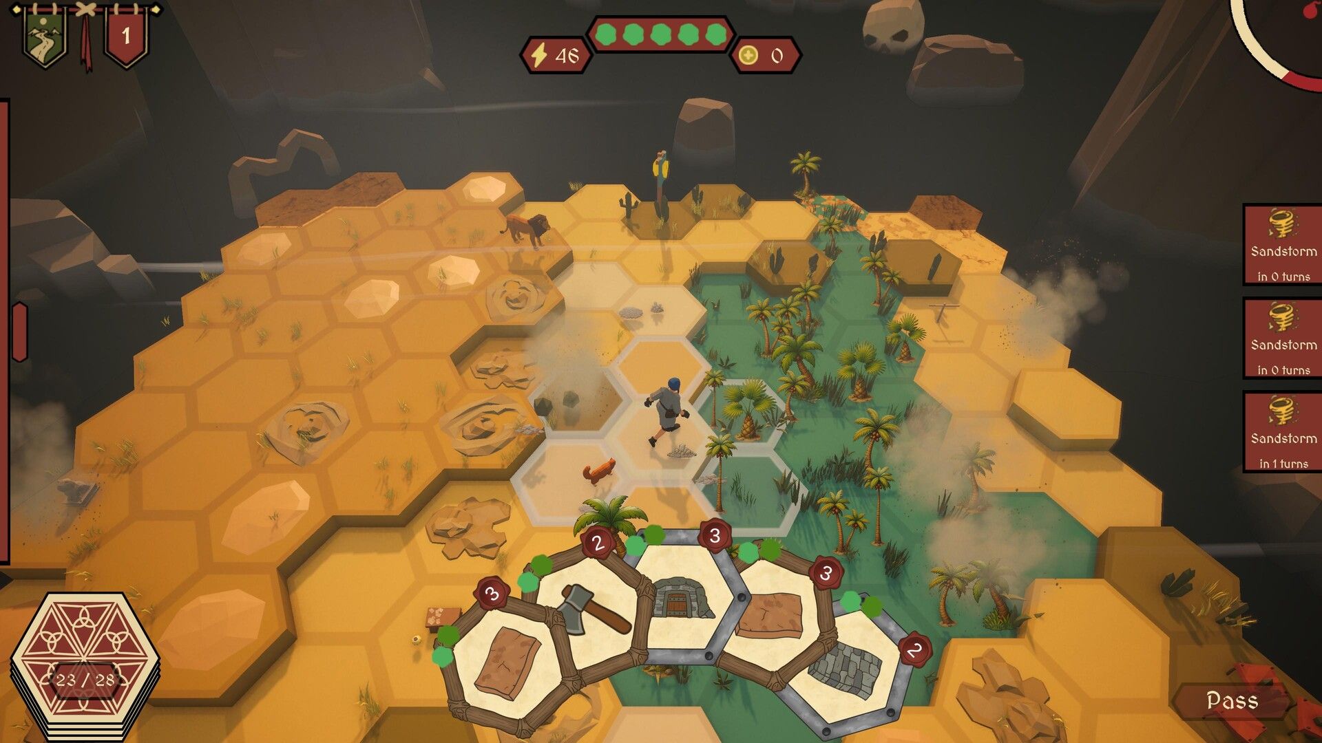 A traveler crosses a desert hex map split by an oasis river, with sandstorm warnings and a hand of terrain cards.